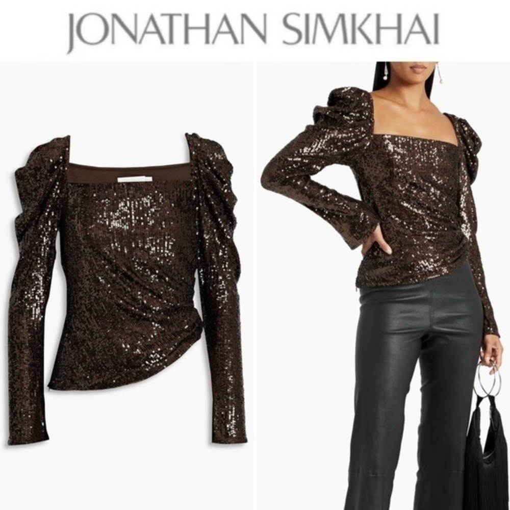 SIMKHAI Allura Ruched Sequined Jersey Top in Brown sz 6 495$